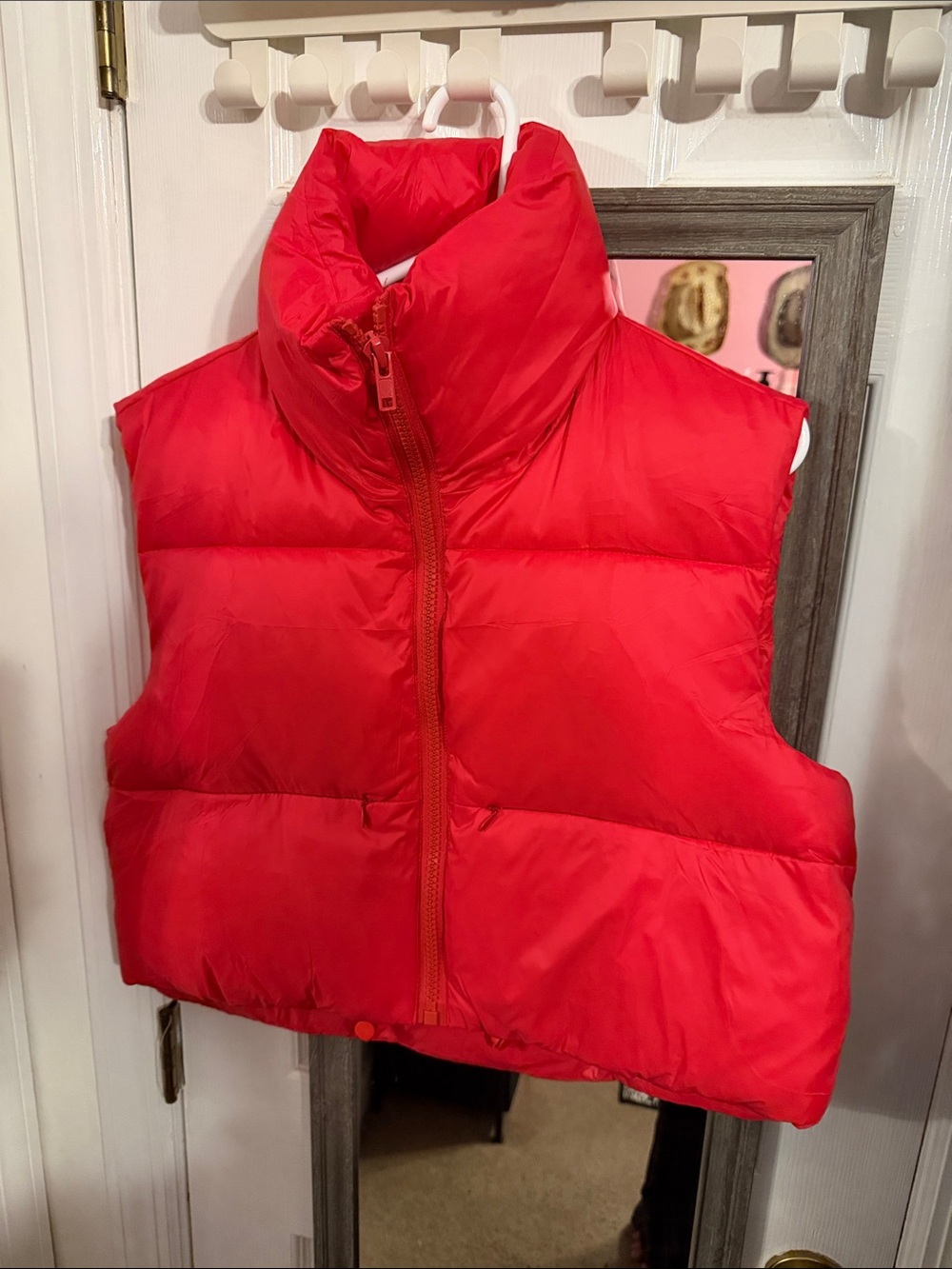 Bright Red Women's Puffer Vest with High Collar